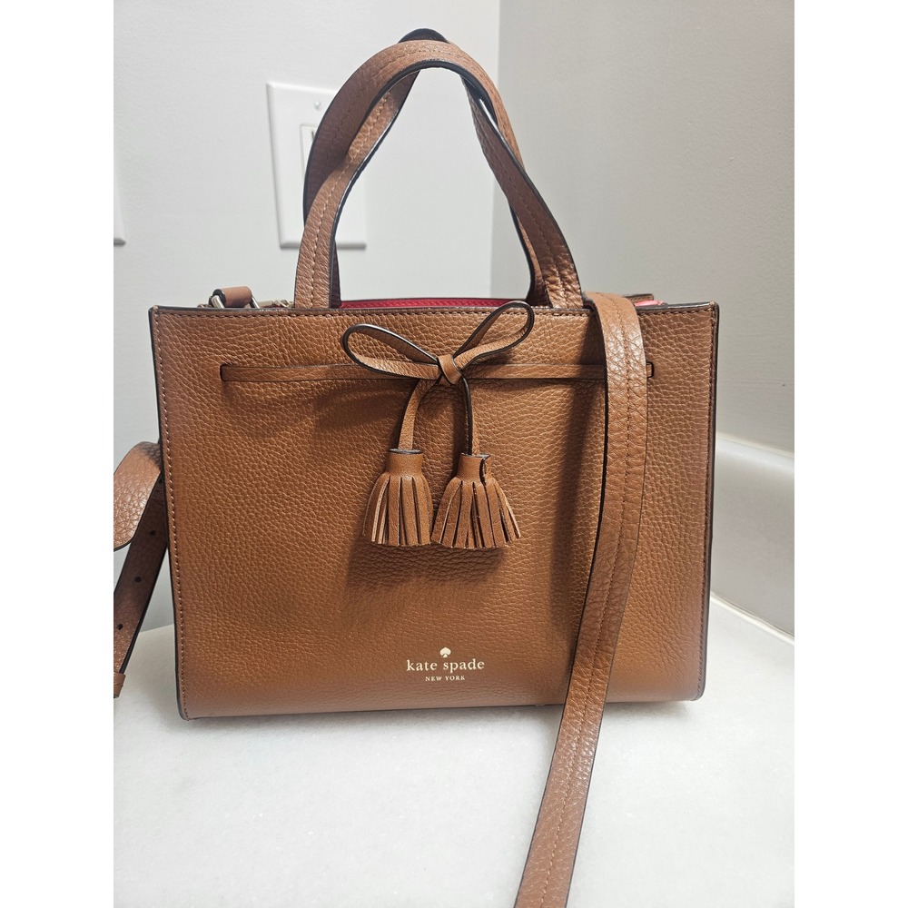 Kate Spade New York Brown Pebbled Leather Satchel Crossbody Bag with Tassels